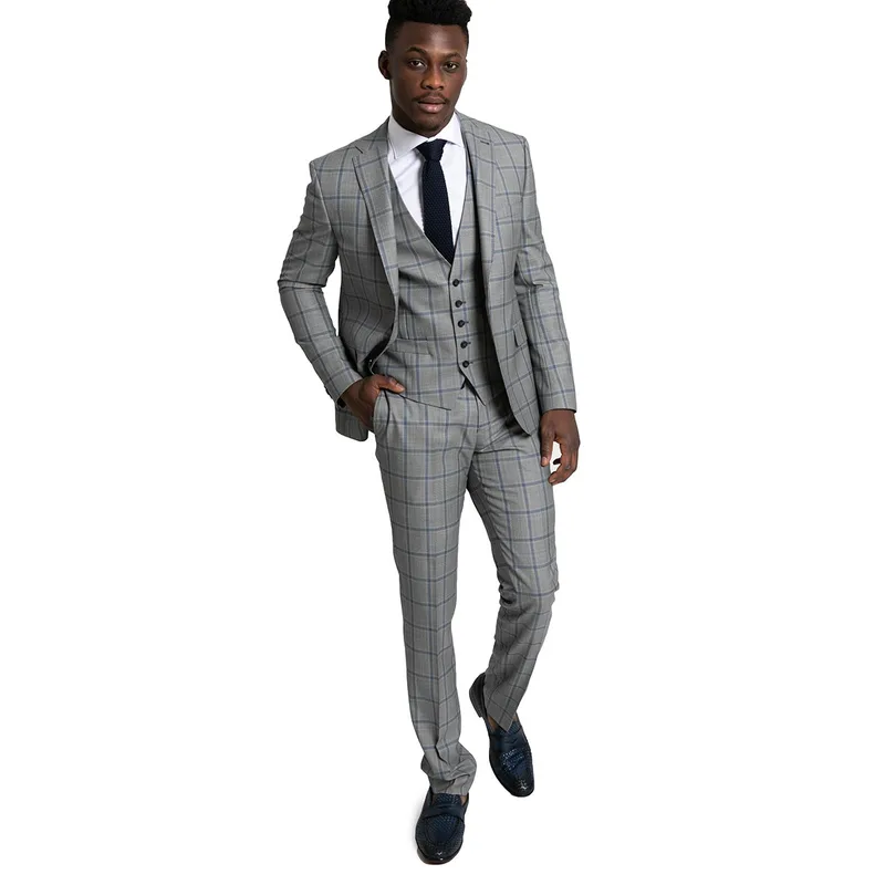 SARTORIA MONK Ανδρικό Γκρι Check Wool Blend Three Piece Suit/Grey