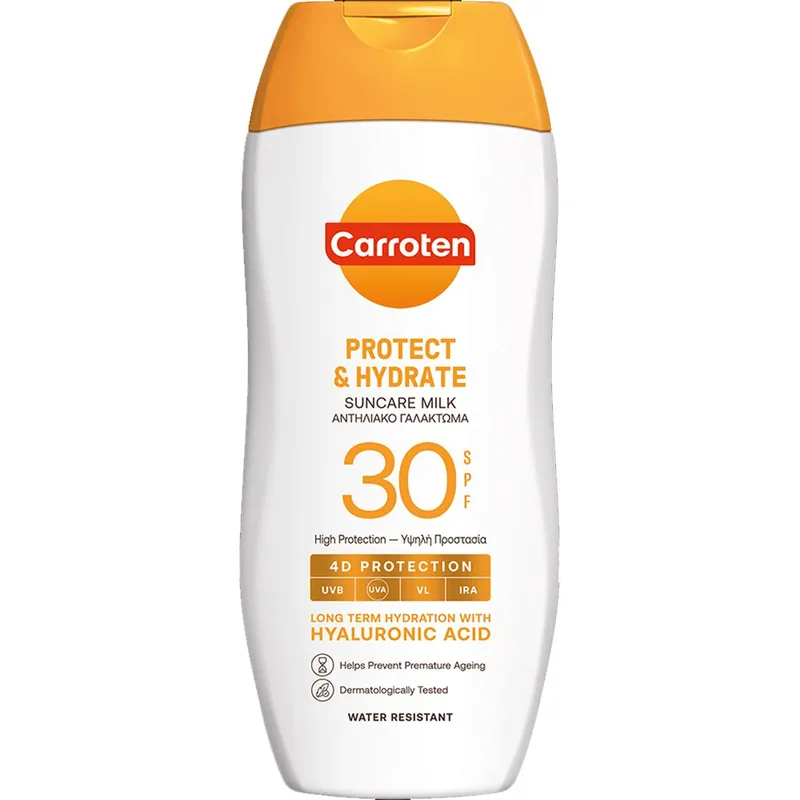Carroten Protect & Hydrate Spf30 Suncare Milk Αντηλιακό Ενυδατικό Γαλάκτωμα Υψηλής Προστασίας με Υαλουρονικό Οξύ 200ml
