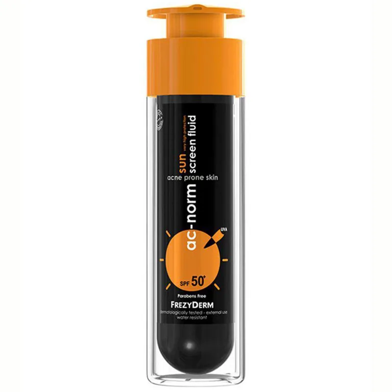 Frezyderm Ac-Norm Sun Screen Fluid Spf50+, Ενεργή Αντηλιακή Υγρή Κρέμα με Ειδική Μαύρη Χρώση για Ακνεϊκές Επιδερμίδες 50ml