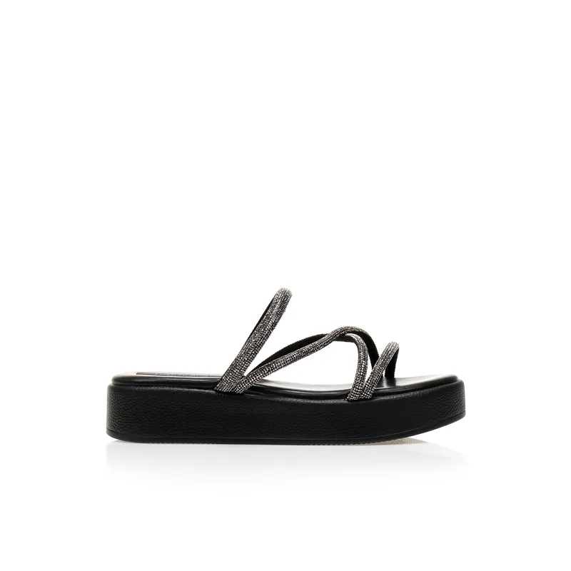 Flatforms TSOUKALAS μαύρα δερματίνη με λουράκια από στρας ΜΑΥΡΟ