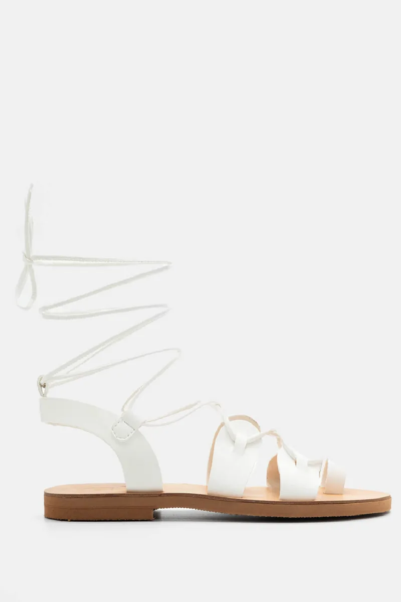 LUIGI DESIGN - Δερμάτινα Flat Σανδάλια Lace Up - Λευκό