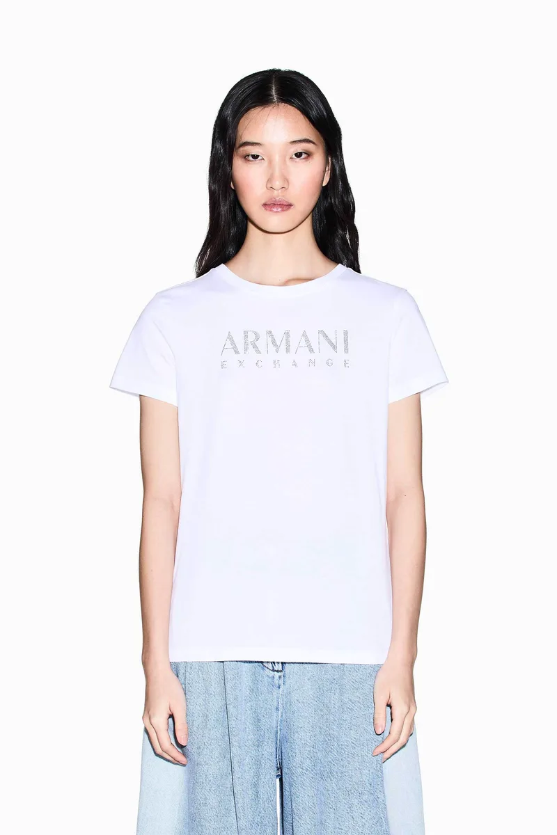 Armani Exchange γυναικείο T-shirt με λογότυπο από στρας Regular Fit - XW002294AF17172 Λευκό