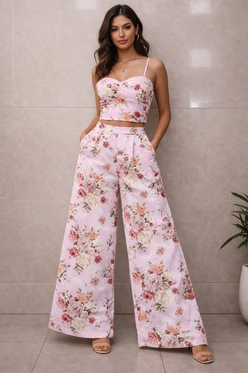 Ροζ Floral Σετ Crop Top Μπουστάκι Και Παντελόνα Με Άνετη Γραμμή | Dress Up Ροζ