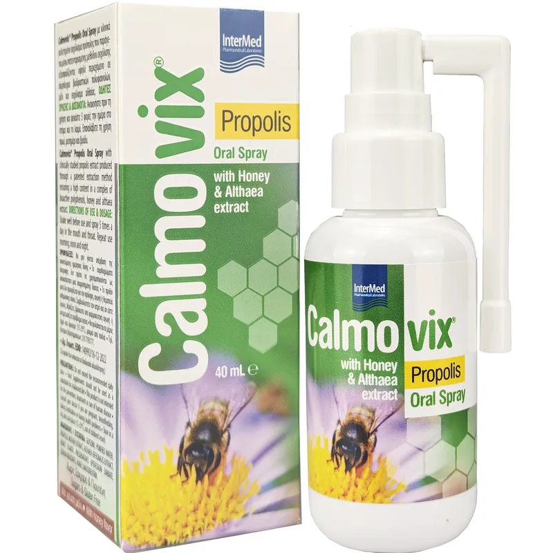 Intermed Calmovix Propolis Oral Spray Συμπλήρωμα Διατροφής σε Μορφή Spray με Πρόπολη, Μέλι & Εκχύλισμα Αλθαίας για την Ανακούφιση του Πονόλαιμου & των Συμπτωμάτων του Κοινού Κρυολογήματος με Γεύση Μέλι 40ml