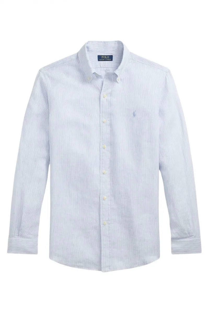 RALPH LAUREN ΠΟΥΚΑΜΙΣΟ BUTTON DOWN ΡΙΓΕ ΛΙΝΟ CUSTOM FIT ΣΙΕΛ-ΛΕΥΚΟ
