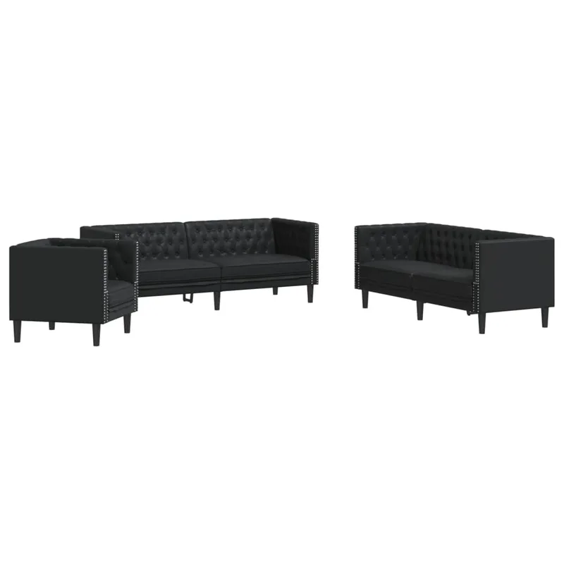 vidaXL Σετ Καναπέδων Chesterfield 3 Τεμαχίων από Μαύρο Συνθετικό Δέρμα