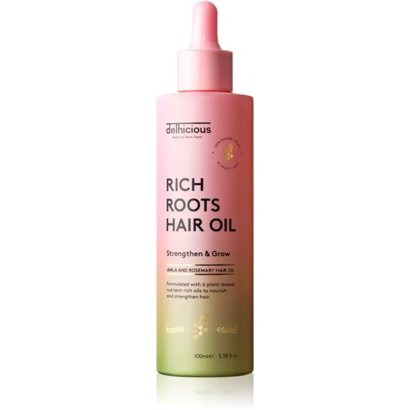 delhicious RICH ROOTS AMLA & ROSEMARY HAIR OIL ενυδατικό και καταπραϋντικό λάδι για ξηρό και κνησμώδες δέρμα της κεφαλής 100 ml