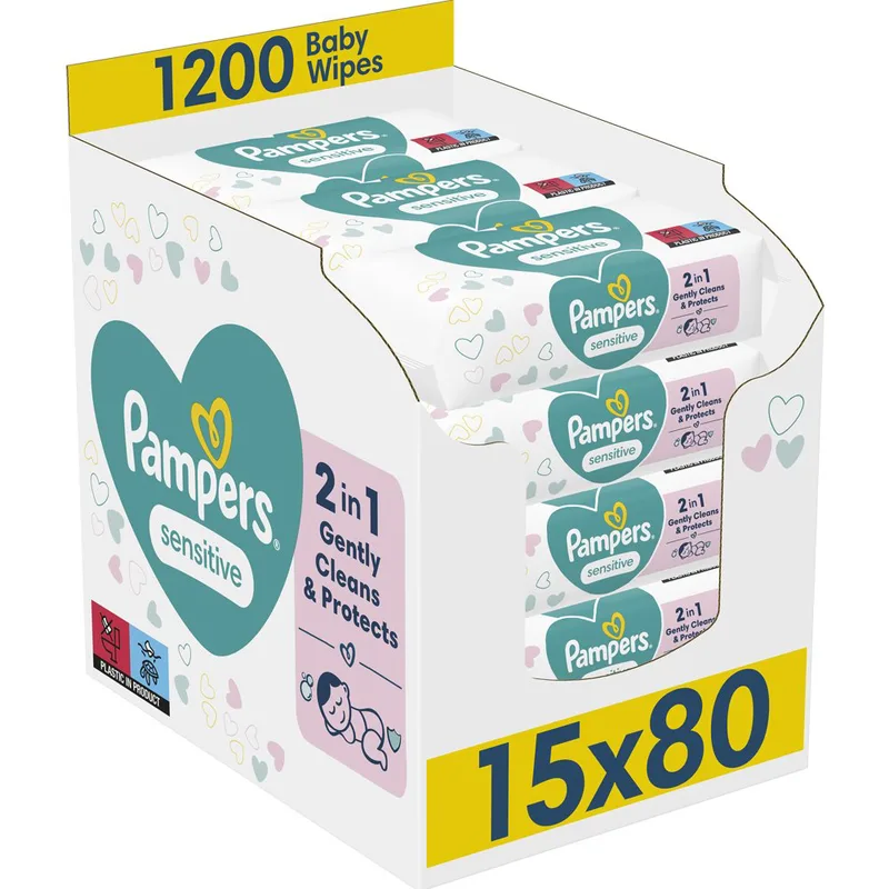 Pampers Sensitive Super Pack Baby Wipes 1200 Τεμάχια (15x80 Τεμάχια),Απαλά Μωρομάντηλα Καθαρισμού Ιδανικά για την Ευαίσθητη Επιδερμίδα με Προστατευτική Δράση