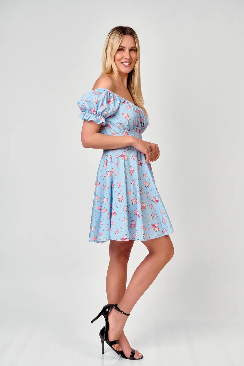 Floral Mini Φόρεμα Off Shoulder Σε Σιέλ Χρώμα | Dress Up Σιέλ