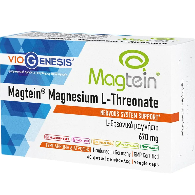 Viogenesis Magtein Magnesium L-Threonate 670mg Συμπλήρωμα Διατροφής με L-θρεονικό Μαγνήσιο για την Καλή Λειτουργία του Νευρικού Συστήματος, Αντιμετώπιση του Άγχους & Καλύτερο Ύπνο 60caps