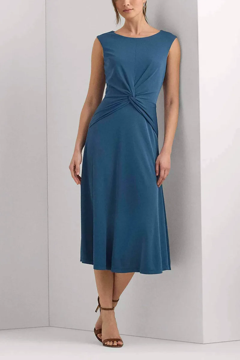 Lauren Ralph Lauren γυναικείο midi φόρεμα μονόχρωμο με στριφτή λεπτομέρεια μπροστά - 250872090009 Μπλε