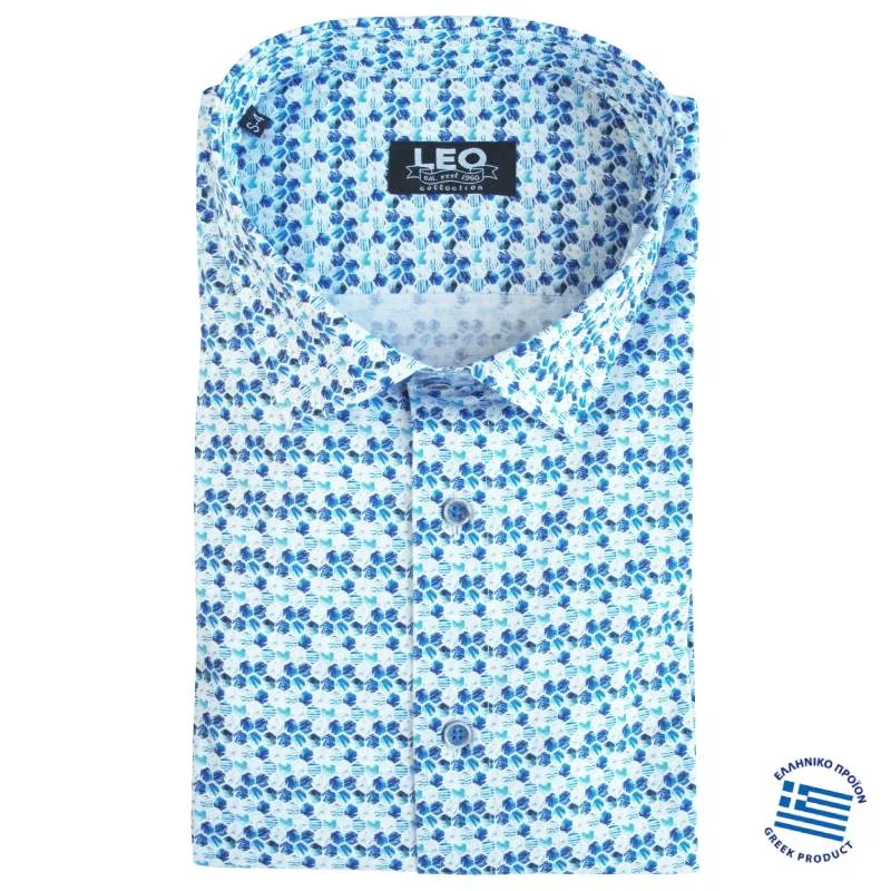 Digital print ελαστικό κοντομάνικο πουκάμισο "Shell,by Leo Collection - Faded Blue/White