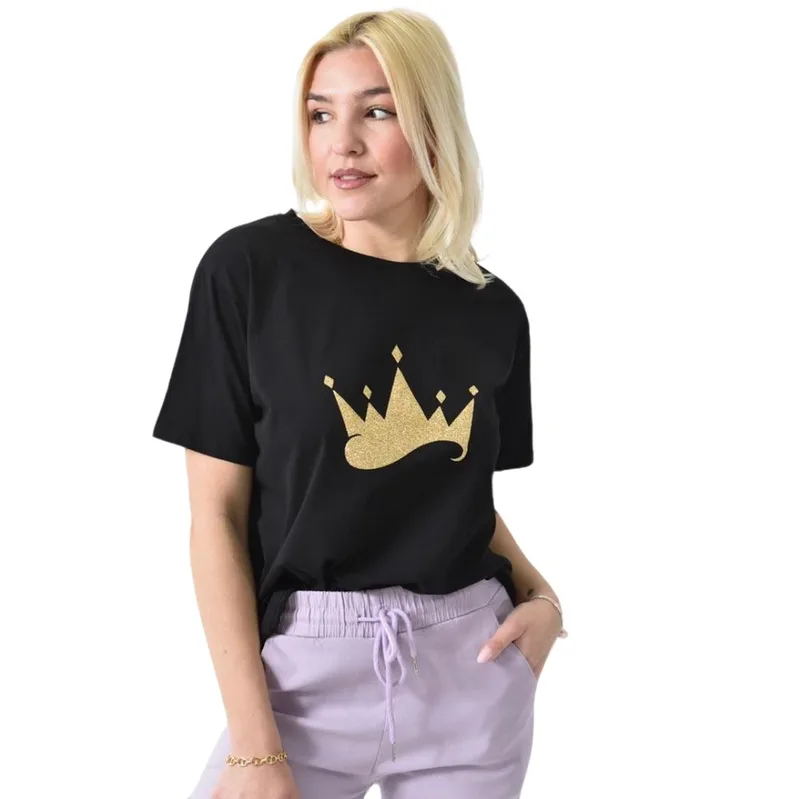 Γυναικείο T-shirt με χρυσό τύπωμα κορώνα Μαύρο 26382