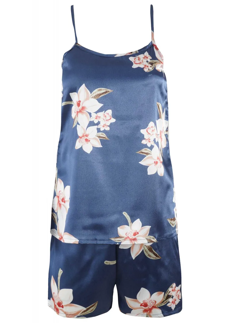 Γυναικείο baby-doll saten print flowers.Saten Collection. ΜΠΛΕ