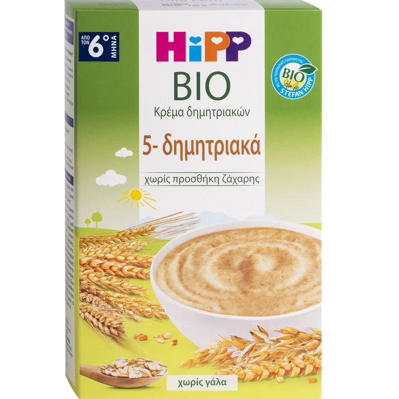 Hipp Bio 5-Grain Cereal Baby 6m+ Βιολογική Κρέμα 5 Δημητριακών Χωρίς Γάλα & Χωρίς Προσθήκη Ζάχαρης για Βρέφη από τον 6ο Μήνα 200g