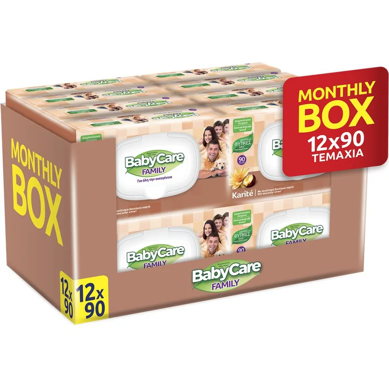BabyCare Family Karite Wipes Monthly Box Υγρά Μανταλάκια για Όλη την Οικογένεια με Εκχύλισμα Βουτύρου Καριτέ & Αμαμελίδας με Ειδικά Μελετημένη Σύνθεση για Ευαίσθητο Δέρμα με Καπάκι 1080 Τεμάχια (12x90 Τεμάχια)
