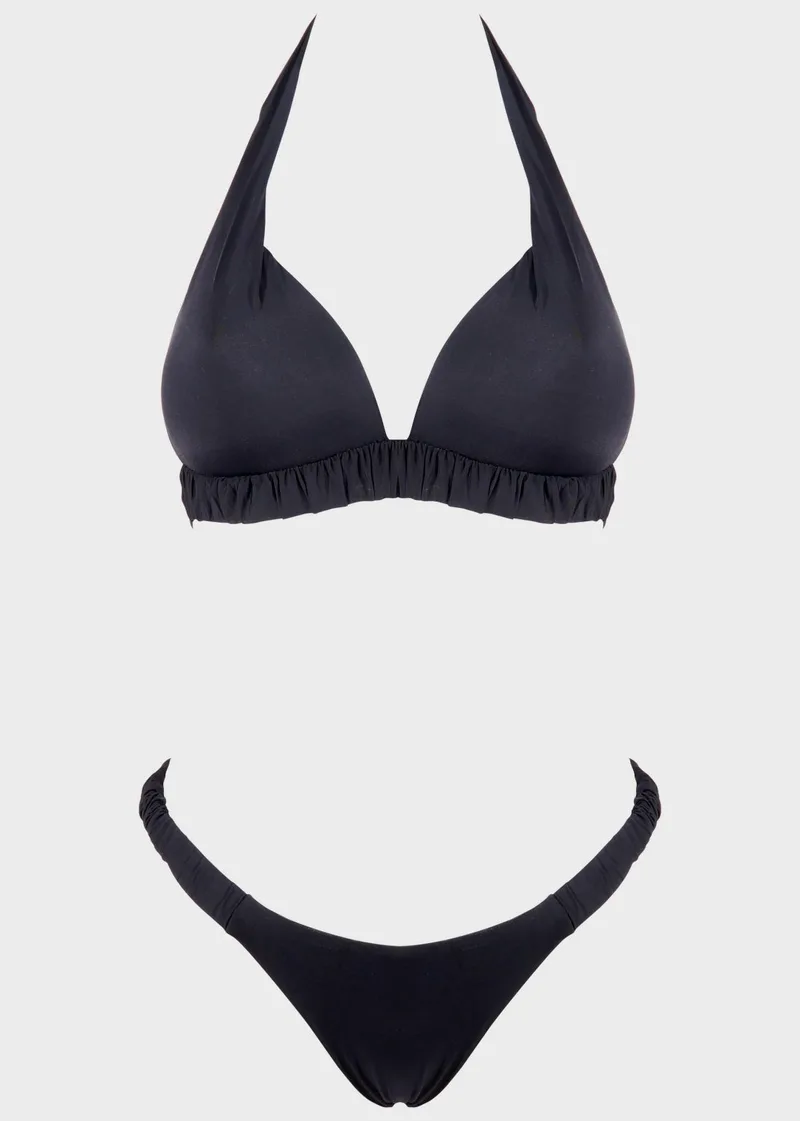 Γυναικείο set μαγιό μονόχρωμο bra ενισχυμένο bikini παρτό. Καλύπτει B cup. ΜΑΥΡΟ