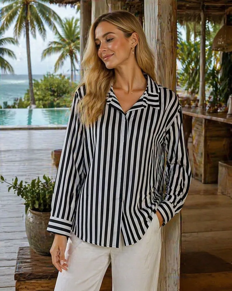Γυναικείο Ριγέ Πουκάμισο Μακρυμάνικο – Elegant & Casual Look Σε Μαύρο | Dress Up Μαύρο