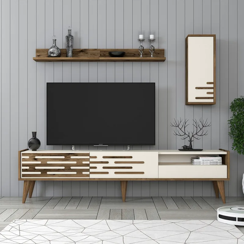 Σύνθεση Τηλεόρασης Valensiya - Walnut, Cream 845Hct5346 (180x35x45 cm)