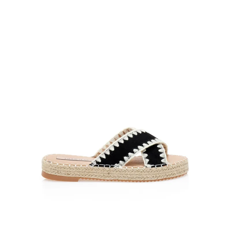 Flatforms μαύρα σουέτ με ψάθινη σόλα ΜΑΥΡΟ