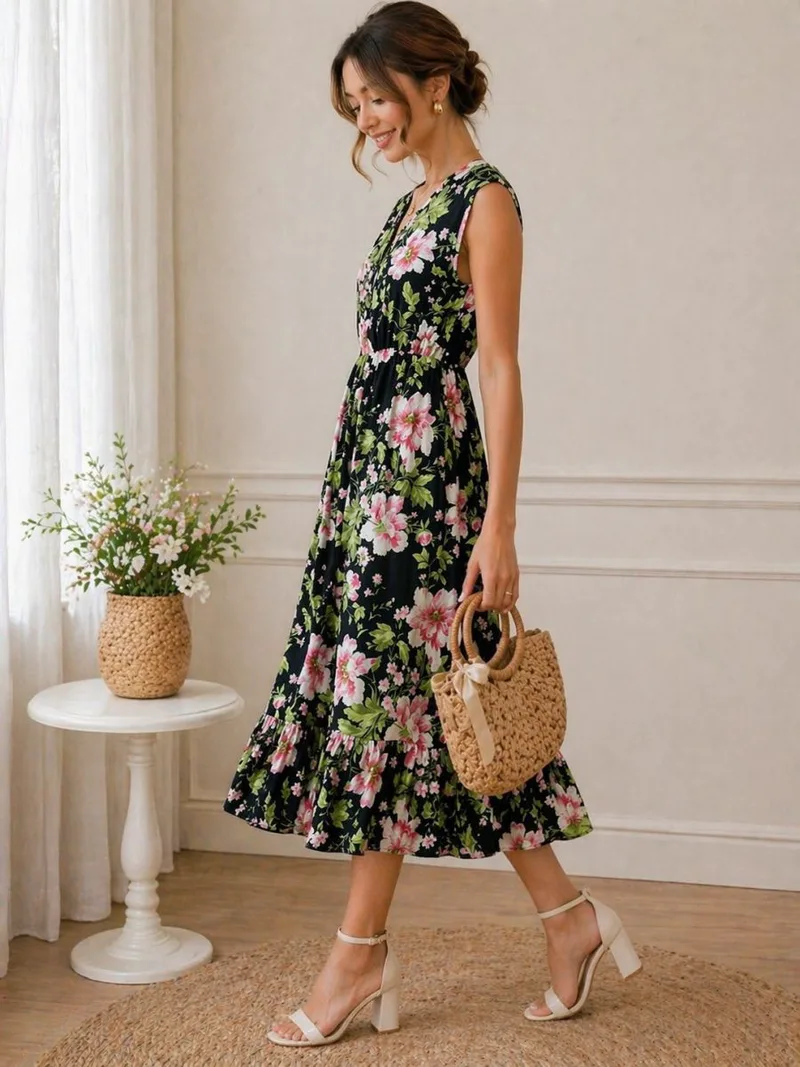 Γυναικείο Midi Φόρεμα Floral Με V Λαιμόκοψη – Αέρινο Καλοκαιρινό Φόρεμα Σε Μαύρο | Dress Up Μαύρο