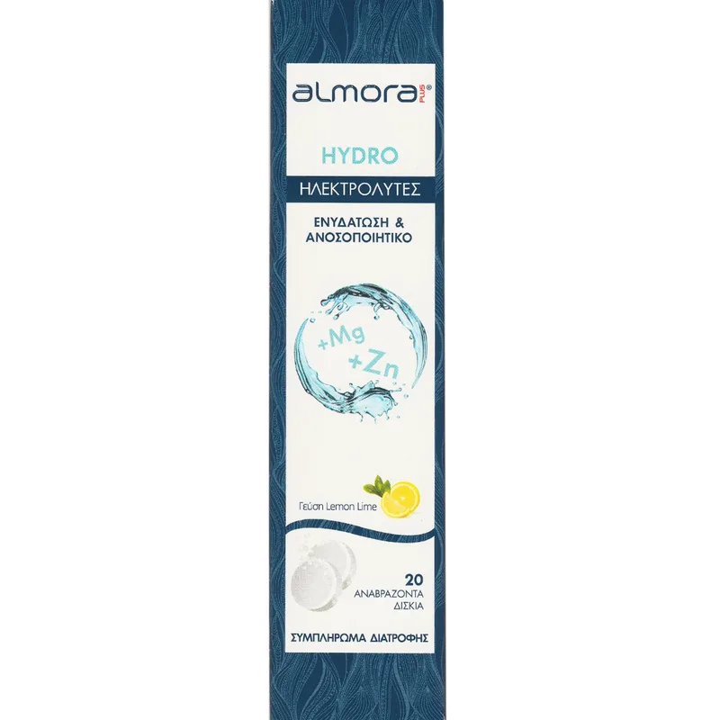 Almora Plus Hydro Συμπλήρωμα Διατροφής Ηλεκτρολυτών με Μαγνήσιο & Ψευδάργυρο για Ενυδάτωση του Οργανισμού & Ενίσχυση του Ανοσοποιητικού με Δεξτρόζη & Γεύση Λεμόνι 20 Effer.tabs
