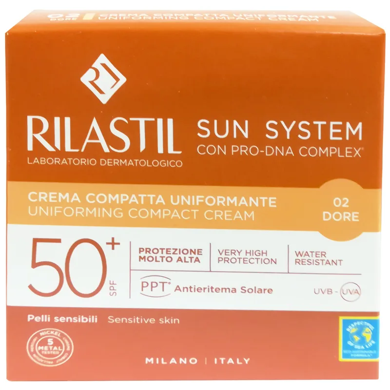 Rilastil Sun System Uniforming Compact Cream Spf50+, Αντηλιακή Κρέμα Προσώπου Πολύ Υψηλής Προστασίας με Χρώμα για Ομοιόμορφη Κάλυψη 10g - 02 Dore