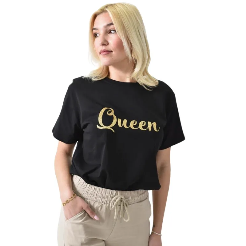 Γυναικείο T-shirt με χρυσό τύπωμα Queen Μαύρο 26384