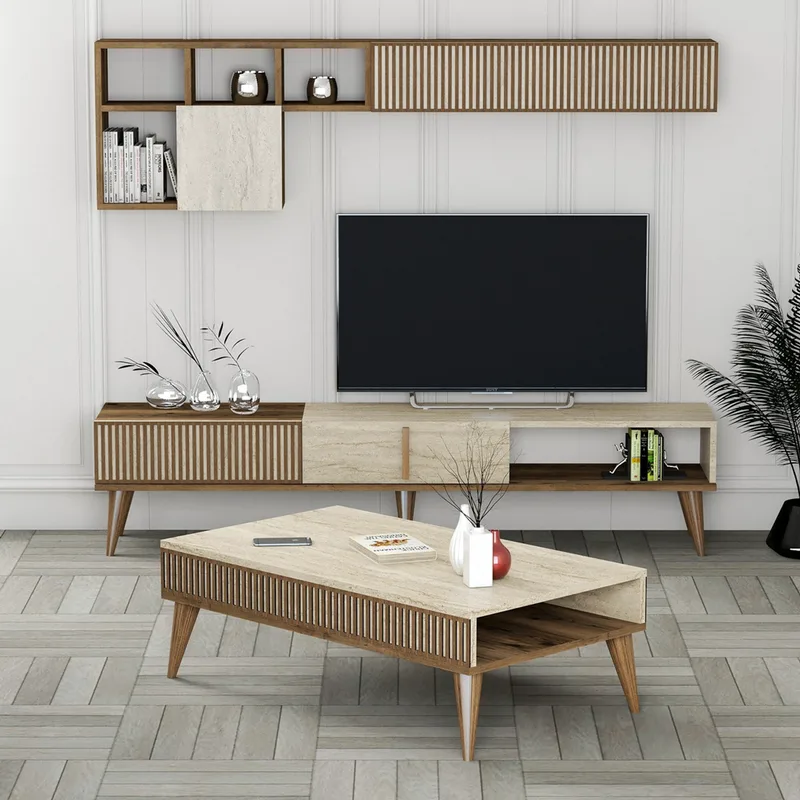 Σετ Επίπλων Σαλονιού Milan - Walnut, Travertine 845Hct5609 (180x40x35 cm)