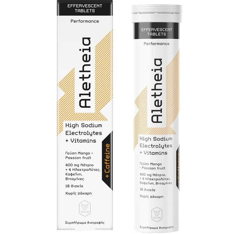 Vican Aletheia High Sodium Electrolytes + Vitamins + Caffeine Συμπλήρωμα Διατροφής Ηλεκτρολυτών & Βιταμινών με Καφεΐνη για Ενυδάτωση, Ενέργεια & Αναπλήρωση Θρεπτικών Συστατικών με Γεύση Mango - Passion Fruit 18 Effer.tabs