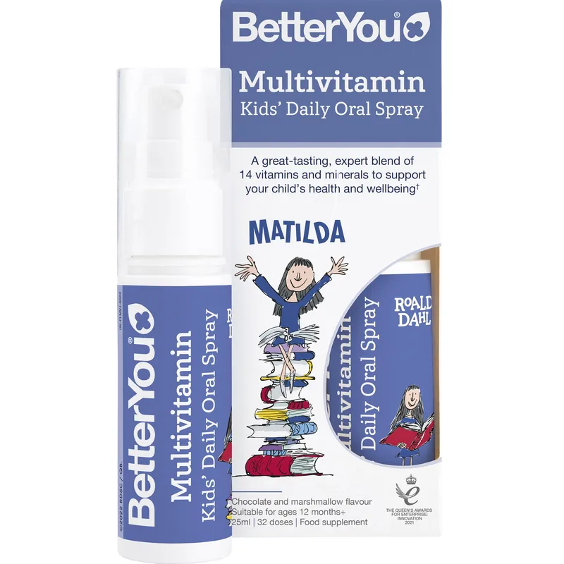BetterYou Multivitamin Kid's Daily Oral Spray Συμπλήρωμα Διατροφής σε Μορφή Spray των 12 Βασικών Βιταμινών με Σελήνιο & Ιώδιο για Παιδιά από 1 Έτους για Σωστή Ανάπτυξη, Ενέργεια, Τόνωση & Ενίσχυση του Ανοσοποιητικού με Γεύση Σοκολάτα & Ζαχαρωτά 25ml