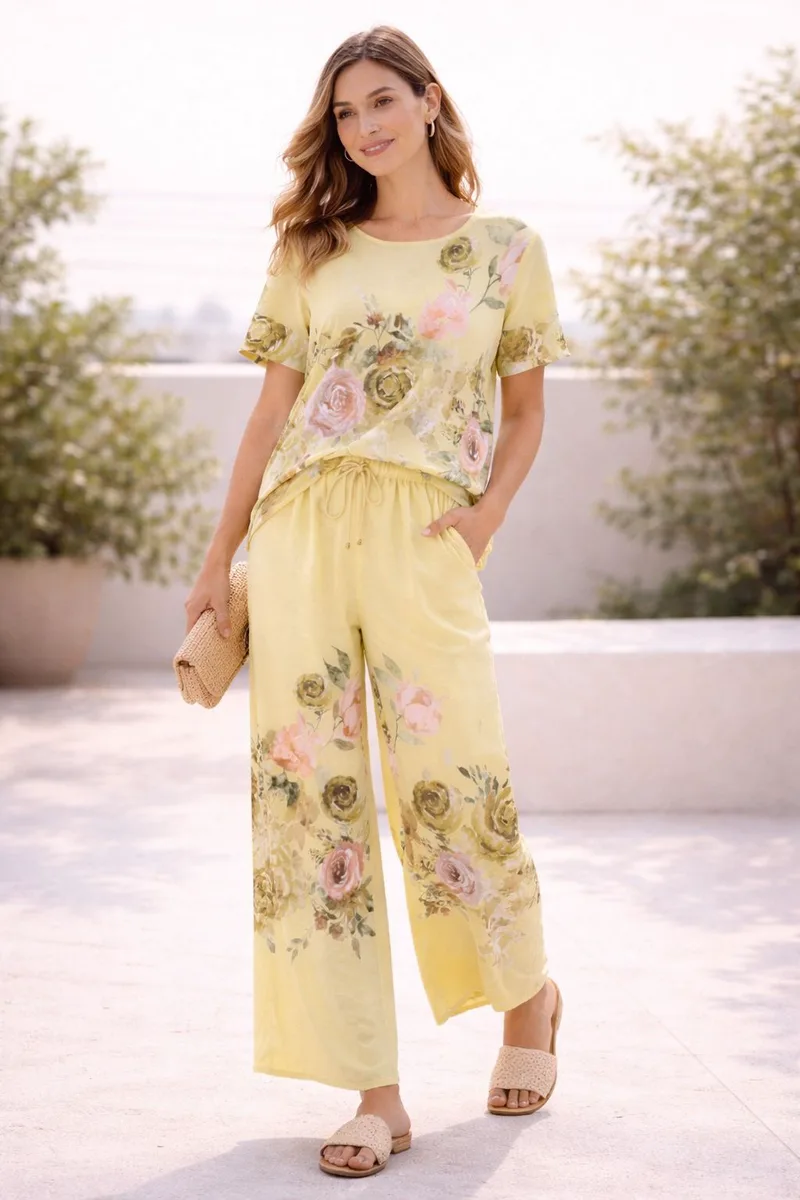 Σετ Μπλούζα Και Παντελόνα Floral Σε Κίτρινο Χρώμα Κίτρινο