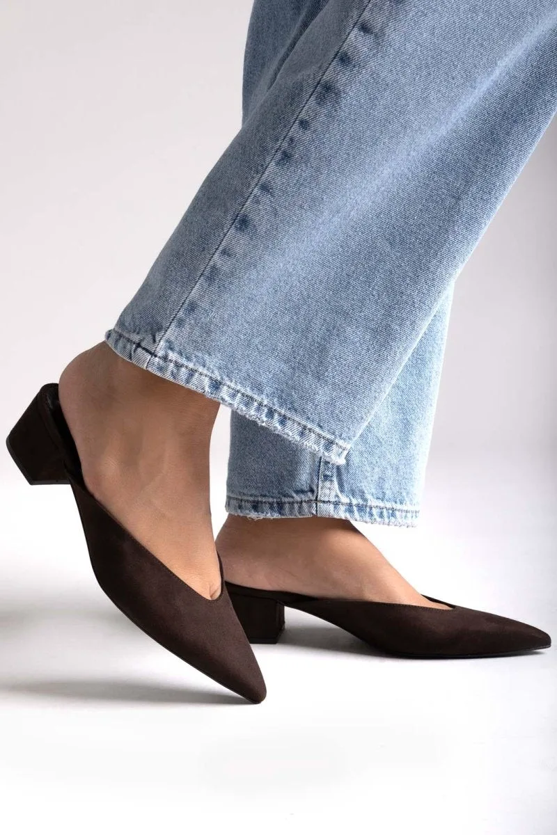 TFP Pointed Suede Mules with Block Heel - 358X - Brown Suede
