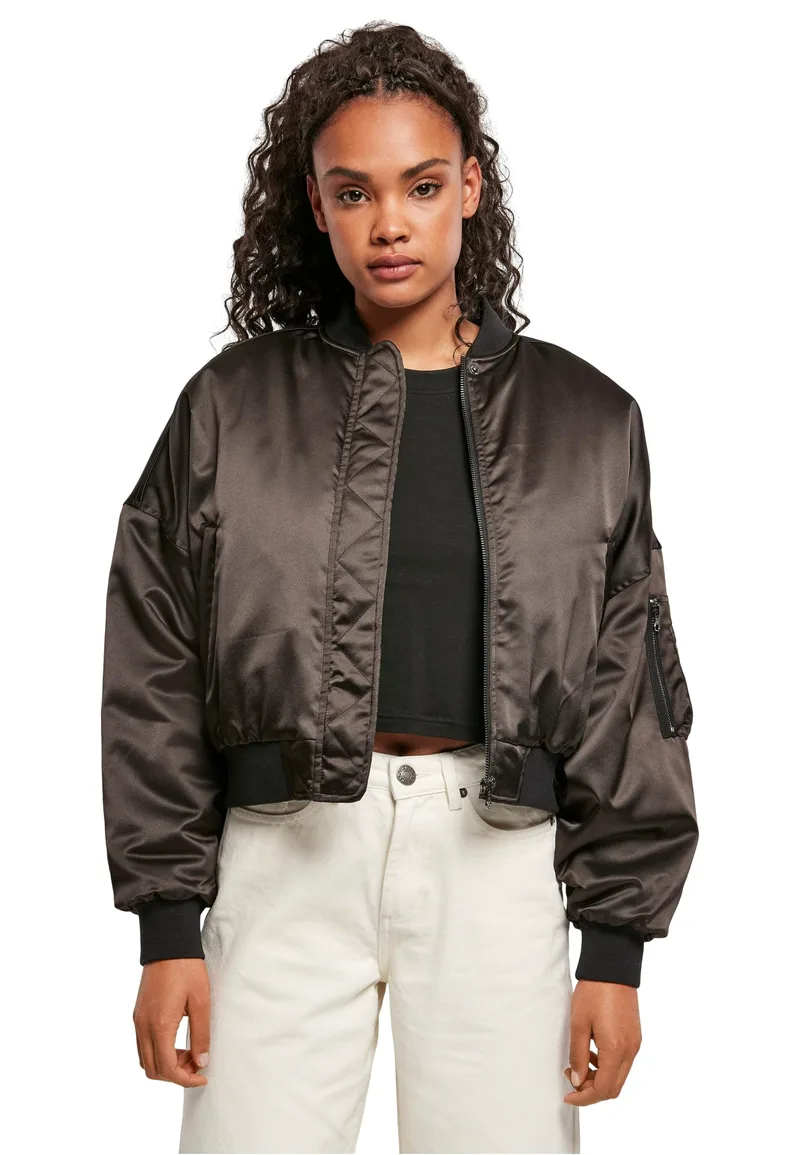 Ladies Short Oversized Satin Bomber Jacket Urban Classics TB4542 Black