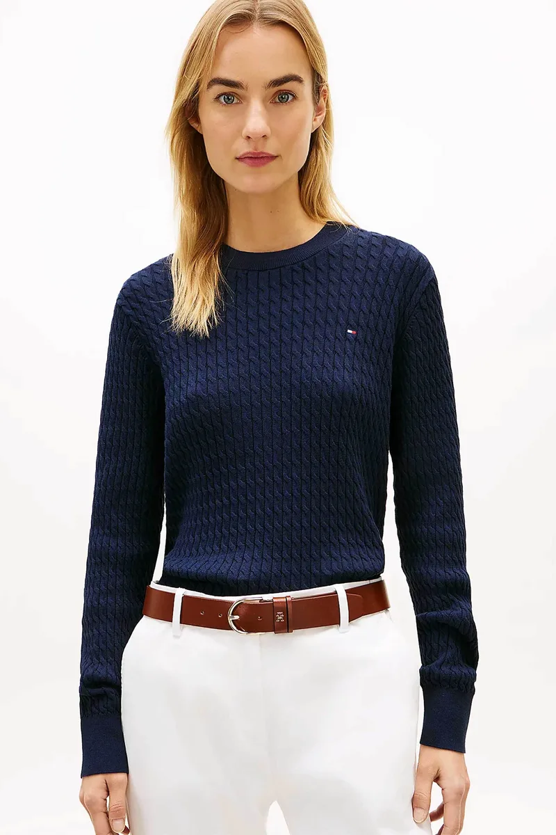 Tommy Hilfiger γυναικείο πουλόβερ με cable knit pattern και κεντημένο λογότυπο Regular Fit - WW0WW44993 Μπλε Σκούρο
