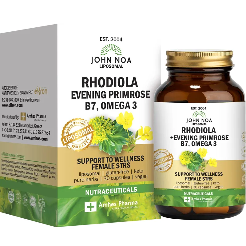 John Noa Liposomal Rhodiola, Evening Primrose, B7 & Omega 3 Συμπλήρωμα Διατροφής Εκχυλίσματος Ροδιόλας, Νυχτολούλουδου, Βιταμίνης Β7 & Ωμέγα 3 Λιποσωμικής Μορφής για Αντιμετώπιση των Συμπτωμάτων της Εμμηνόπαυσης Κατά του Στρες 30caps
