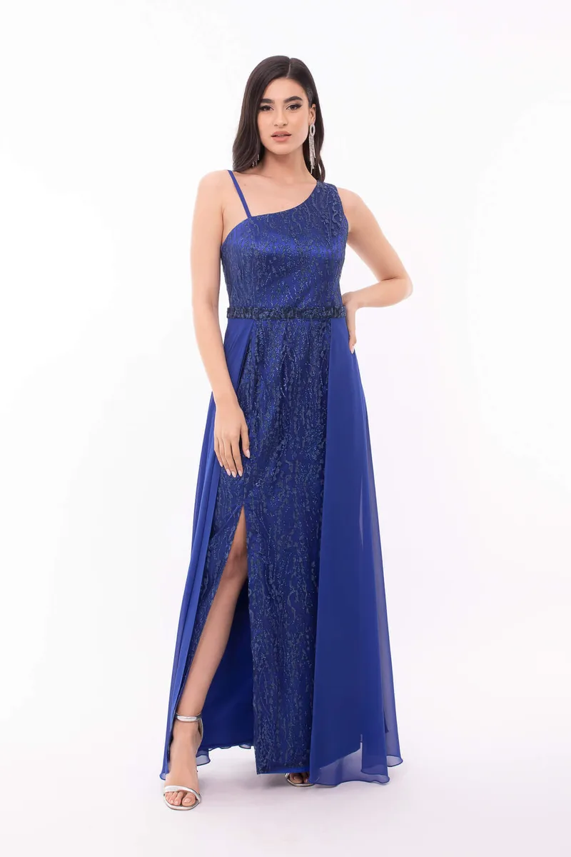 ΦΟΡΕΜΑ PLUS SIZE ΜΟΝΟΠΛΕΥΡΟ GLITTER ΜΠΛΕ ΡΟΥΑ