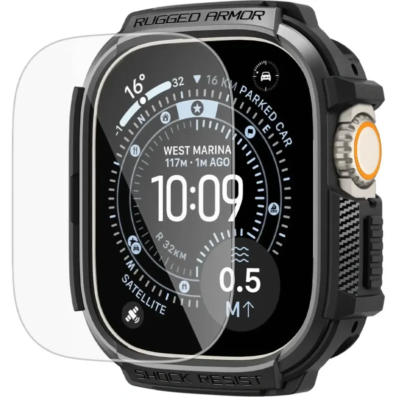 Θήκη & Tempered Glass Apple Watch Ultra 3 / Ultra 2 / Ultra 1 49mm Spigen Rugged Armor & Screen Protector Σετ Ανθεκτική Σιλικόνης - Matte Black (ACS11414)