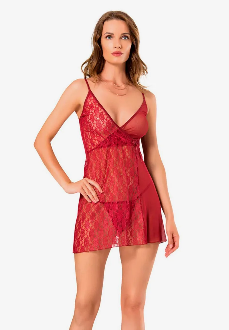 Σετ Babydoll δαντελένιο με εσώρουχο Transparent Lace MG140-Μπορντώ
