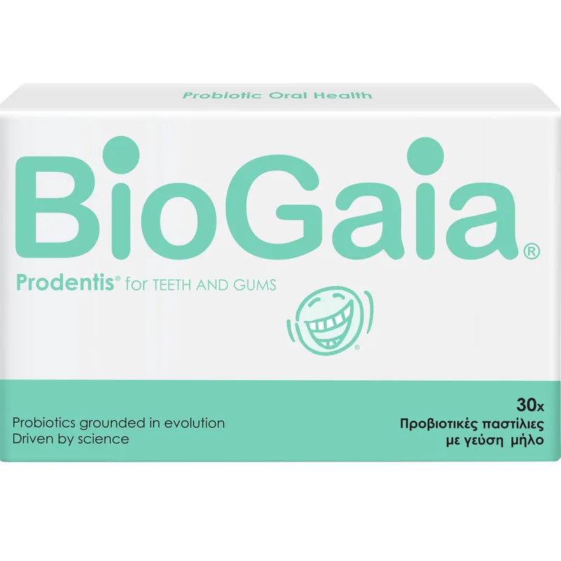 BioGaia Prodentis for Teeth & Gums Συμπλήρωμα Διατροφής Προβιοτικών για την Εξισορρόπηση της Μικροβιακής Χλωρίδας στη Στοματοφαρυγγική Κοιλότητα, Αντιμετώπιση της Κακοσμίας Μείωση της Τερηδόνας & Ουλίτιδας με Γεύση Μήλο 30 Pastilles