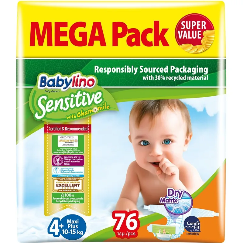 Babylino Sensitive Maxi Plus Νο4+ (10-15kg) Mega Pack Βρεφικές Πάνες 76 τεμάχια