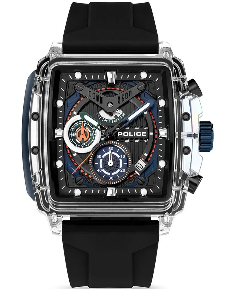 POLICE Clout Chronograph - PEWGO0052401, Τransparent case with Black Rubber Strap