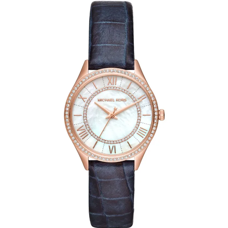 MICHAEL KORS Lauryn Crystals Rose Χρυσό Blue Leather Strap MK2757