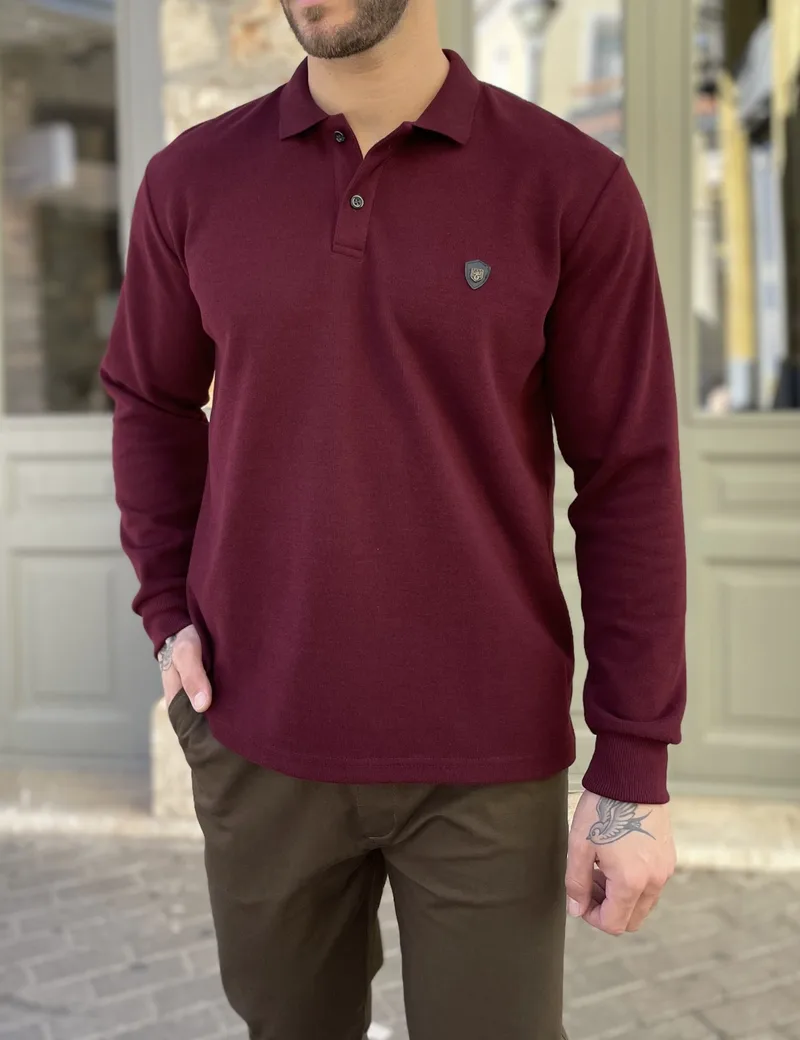 Everbest Ανδρική μπορντό Polo μακρυμάνικη μπλούζα Plus size 261032