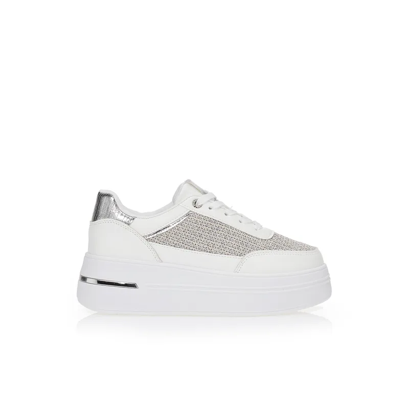 Sneakers με συνδυασμό υλικών και ασημί πλέξη ΛΕΥΚΟ