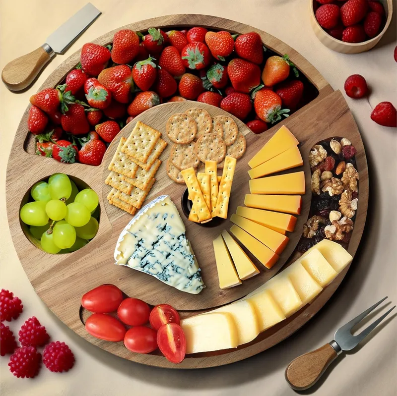 Navaris Swivel Cheese Charcuterie Board - Σετ Περιστρεφόμενη Πιατέλα με Μαχαίρι & Πιρούνι Τυριού / Πλατώ Σερβιρίσματος Τυριών από Ξύλο Ακακίας - 31cm - Brown (‎61611.01)