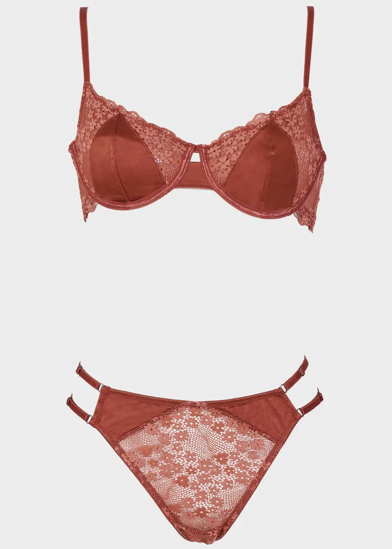 Γυναικείο set bralette saten & δαντέλα πλαϊνά ρυθμιζόμενα λουράκια.Sensual Style. COPPER