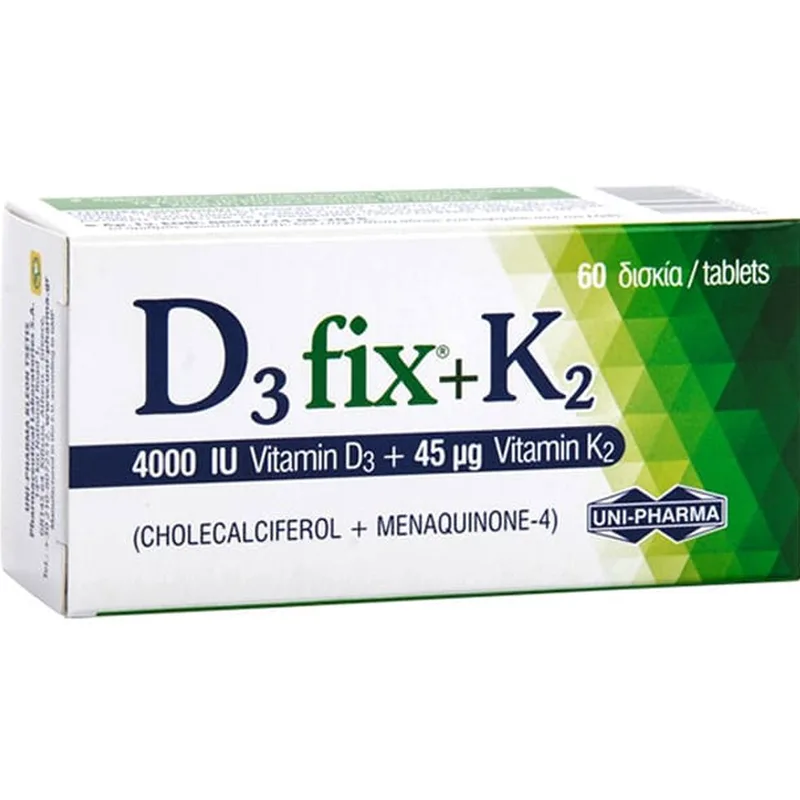 Uni-Pharma D3 Fix 4000iu + K2 45mg Συμπλήρωμα Διατροφής με Βιταμίνη D3 για την Καλή Λειτουργία των Οστών & Ανοσοποιητικού & Κ2 για τη Φυσιολογική Πήξη του Αίματος 60tabs