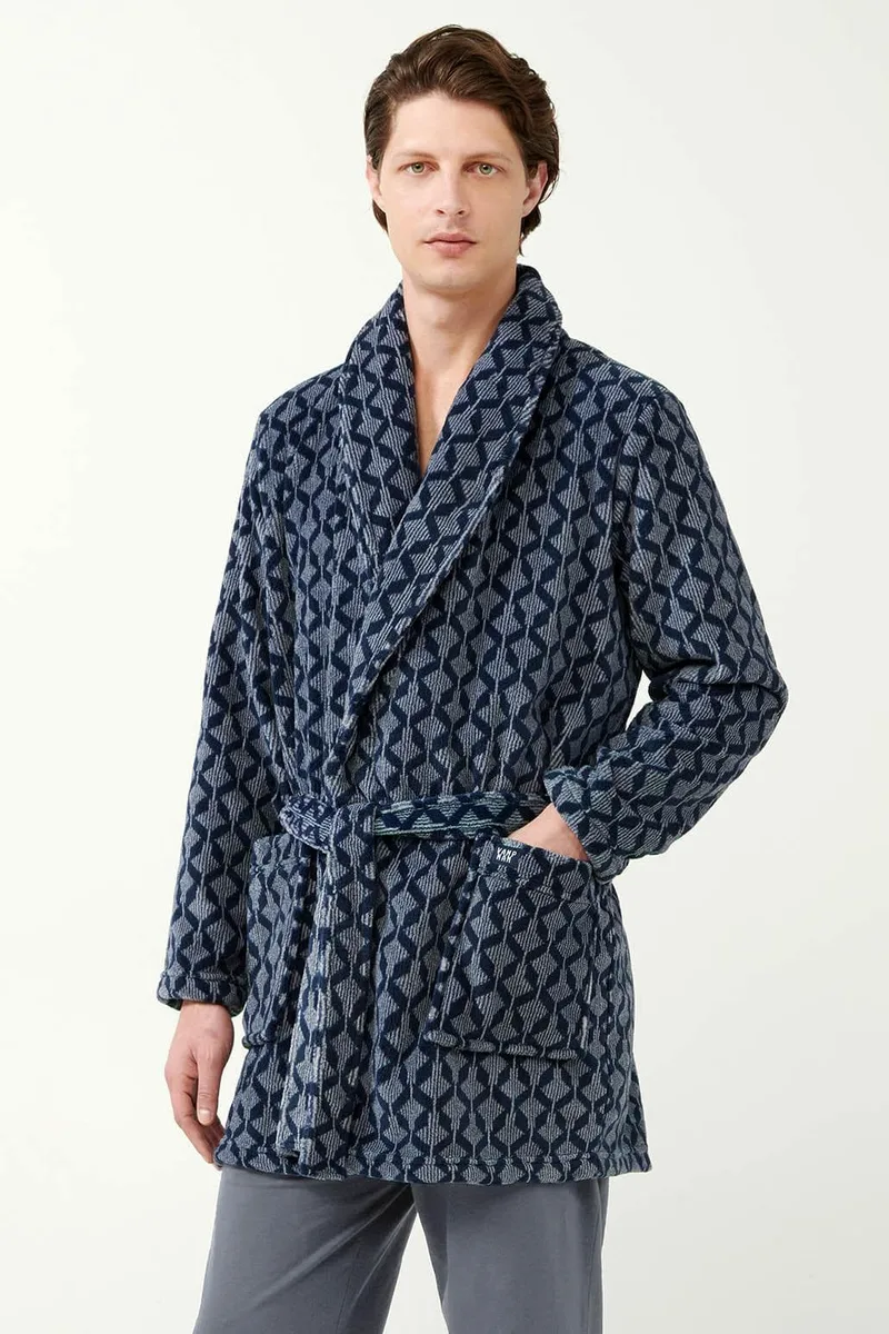 Vamp Σταυρωτή Fleece Ρόμπα με Γεωμετρικό Μοτίβο Ρόμβων