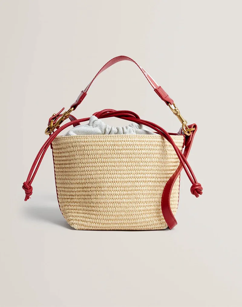 TED BAKER RAFFYNA Webbing Detail Raffia Small Bucket Bag 284053-RED Red